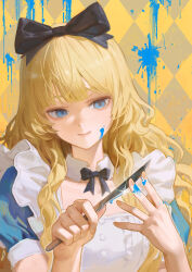 1girl absurdres apron black_bow black_bowtie blonde_hair blue_dress blue_eyes bow bowtie closed_mouth ddal detached_collar dress hair_bow hands_up highres holding holding_knife implied_murder knife long_hair original paint_splatter puffy_short_sleeves puffy_sleeves short_sleeves smile solo upper_body white_apron yellow_background