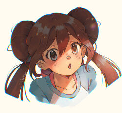 1girl absurdres alien_ashi artist_name blue_eyes brown_hair double_bun hair_bun highres long_hair nintendo open_mouth pokemon pokemon_bw2 rosa_(pokemon) shirt solo twintails white_background