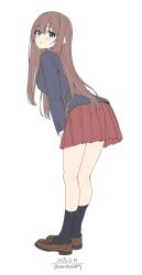 1girl black_socks blazer blue_eyes blue_jacket blush breasts brown_hair highres jacket long_hair long_sleeves looking_at_viewer medium_breasts open_mouth original pleated_skirt red_skirt school_uniform shirt shoes simple_background skirt socks solo unasaka_ryou very_long_hair white_shirt
