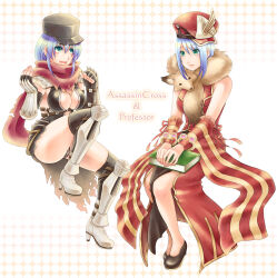 2girls animal animal_around_neck armor armored_boots assassin_cross_(ragnarok_online) black_gloves black_hat black_leotard black_shoes black_thighhighs blue_hair book boots breasts character_name cleavage closed_mouth commentary_request detached_sleeves dress elbow_gloves field_cap fingerless_gloves fingernails fox gloves green_eyes hat holding holding_book large_breasts leotard long_hair looking_at_viewer minamikaze_natsu multiple_girls newsboy_cap pauldrons professor_(ragnarok_online) ragfes ragnarok_online red_dress red_hat red_sleeves revealing_clothes shoes short_hair shoulder_armor sleeveless sleeveless_dress smile striped_sleeves thighhighs vambraces white_background yellow_sleeves