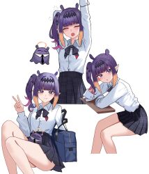 Rule 34 | 1girl, absurdres, arm up, bag, black bow, black bowtie, black skirt, blunt bangs, bow, bowtie, chrispy tuna, closed eyes, collared shirt, colored inner hair, commentary, dress shirt, english commentary, fang, hand up, highres, hololive, hololive english, looking at viewer, medium hair, miniskirt, mole, mole under eye, multicolored hair, multiple views, ninomae ina&#039;nis, ninomae ina&#039;nis (school uniform), official alternate costume, official alternate hairstyle, open mouth, pink hair, plaid clothes, plaid skirt, pleated skirt, pointy ears, purple eyes, purple hair, school bag, school uniform, shirt, shirt tucked in, side ponytail, simple background, skirt, takodachi (ninomae ina&#039;nis), v, virtual youtuber, white background, white shirt, yawning