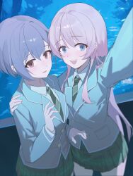 2girls absurdres aquarium artist_request bang_dream! bang_dream!_it&#039;s_mygo!!!!! blue_eyes blush brown_eyes chihaya_anon chinese_commentary collared_shirt commentary_request commission green_necktie green_skirt grey_hair grey_jacket hand_on_another&#039;s_shoulder haneoka_school_uniform highres indoors jacket long_hair looking_at_viewer multiple_girls necktie open_mouth parted_lips pink_hair pleated_skirt school_uniform second-party_source selfie shirt short_hair skirt smile takamatsu_tomori white_shirt yuri
