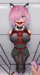 1girl 1other absurdres animal_ears arms_behind_back ball_gag bdsm black_collar black_dress black_pantyhose bondage bound bound_arms bound_legs bralines breast_bondage chain collar controller crotch_rope dress fake_animal_ears fate/grand_order fate_(series) gag gagged hair_over_one_eye harris_hero hetero highres hitachi_magic_wand implied_vibrator indoors kemonomimi_mode mash_kyrielight necktie panties panties_under_pantyhose pantyhose purple_eyes purple_hair red_rope remote_control remote_control_vibrator restrained rope sex_toy shibari shibari_over_clothes short_hair solo_focus standing underwear vibrator white_panties wireless_sex_toy_controller