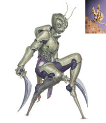 Rule 34 | 1girl, antennae, armor, arthropod girl, breastplate, commentary, creature and personification, dagger, dual wielding, english commentary, full armor, full body, gauntlets, helmet, highres, holding, holding dagger, holding knife, holding weapon, knife, mantis girl, original, personification, photo inset, praying mantis, simple background, solo, tu tka, weapon, white background