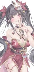 1girl bare_shoulders bell black_choker black_hair black_sash blunt_bangs blush breasts choker cleavage collarbone commentary cowboy_shot dress flower_tattoo fox_mask grin hand_to_own_mouth highres honkai:_star_rail honkai_(series) long_hair looking_at_viewer mark_under_both_eyes mask mask_on_head medium_breasts mizuasagi35181 nail_polish neck_bell obi obijime purple_eyes red_dress red_nails sash smile solo sparkle_(honkai:_star_rail) tattoo twintails very_long_hair
