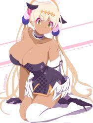 1girl :o animal_ears arm_support artist_name bare_shoulders black_collar black_dress black_gloves black_sandals blonde_hair breasts bright_pupils cleavage collar commentary cosplay dark-skinned_female dark_skin detached_sleeves dress erikuukun extra_ears feathered_wings fur-trimmed_collar fur_trim gloves hair_ornament half_gloves halo headpiece highres hololive hololive_english large_breasts limiter_(tsukumo_sana) long_hair looking_down low_twintails low_wings narrow_waist ninomae_ina&#039;nis ninomae_ina&#039;nis_(1st_costume) ninomae_ina&#039;nis_(cosplay) okobo planet_hair_ornament platform_sandals sandals short_dress single_detached_sleeve single_thighhigh sitting solo strapless strapless_dress thighhighs tsukumo_sana tube_dress twintails very_long_hair virtual_youtuber white_pupils white_thighhighs white_wings wings yellow_eyes yokozuwari