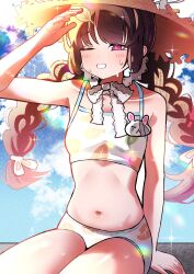Rule 34 | 1girl, bikini, black hair, blue archive, blue sky, blush, braid, breasts, halo, hat, i-nn, miyu (blue archive), miyu (swimsuit) (blue archive), navel, one eye closed, sitting, sky, small breasts, solo, straw hat, swimsuit, twin braids, twitter