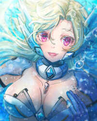 1girl air_bubble blonde_hair breasts bubble cleavage collarbone headgear highres kiwakiwa long_hair looking_at_viewer marty_(mega_man) medium_breasts mega_man_(series) mega_man_x_(manga) mega_man_x_(series) parted_lips pink_lips purple_eyes smile solo teeth tongue underwater upper_body