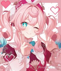 1girl absurdres aqua_bow aqua_bowtie aqua_eyes aqua_hair blush bow bowtie breasts closed_mouth double_v dress gradient_hair hair_between_eyes hat heart highres honkai:_star_rail honkai_(series) hyacine_(honkai:_star_rail) long_hair long_sleeves looking_at_viewer multicolored_hair one_eye_closed pink_hair pink_hat pochimaru_(marumaru_wanwan) red_dress simple_background smile solo twintails two-tone_hair v