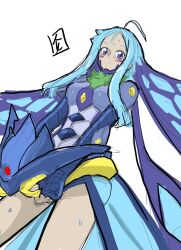 1girl armor armored_gloves armored_leotard blue_eyes blue_hair blush breasts butterfly_wings digimon digimon_(creature) helmet holding holding_helmet hudiemon insect_wings leotard long_hair looking_at_viewer medium_breasts ph6xeivbgpimggg skirt thick_thighs thighhighs thighs tinted_eyewear wide_hips wings yellow-tinted_eyewear