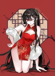 1girl absurdres alternate_costume bare_shoulders black_hair breasts china_dress chinese_clothes clothing_cutout commentary_request dress fate/grand_order fate_(series) feather_boa gold_trim hand_on_own_hip highres kneeling koha-ace long_hair looking_at_viewer oda_nobunaga_(fate) oda_nobunaga_(koha-ace) one_eye_closed red_dress red_eyes short_dress sleeveless sleeveless_dress small_breasts solo tongue tongue_out twitter_username very_long_hair xixing_chun