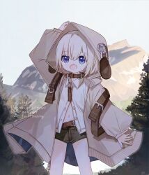 1girl :d arm_up belt belt_buckle black_shorts blue_eyes brown_belt brown_jacket buckle collared_shirt commentary_request dress_shirt english_text fang feet_out_of_frame grey_hair hair_between_eyes hood hood_up hooded_jacket jacket long_sleeves mountain navel open_clothes open_jacket open_mouth original puffy_long_sleeves puffy_sleeves shirt short_shorts shorts signature smile solo standing watermark white_shirt yuuhagi_(amaretto-no-natsu)