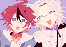 2boys :d ahoge animal_collar animal_ears aotsuki_eito blue_eyes blush_stickers cat_boy cat_ears collar commentary dog_boy dog_ears drawstring english_commentary eyes_visible_through_hair fang glasses grey_hair grey_jacket highres hood hoodie jacket looking_at_viewer male_focus multicolored_hair multiple_boys open_mouth portrait purple_background purple_collar purple_eyes red_collar red_hair short_hair simple_background skin_fang smile streaked_hair sumino_takumi takueitaku the_hundred_line_-last_defense_academy- tongue tongue_out white_hoodie white_jacket