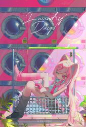 Rule 34 | 1girl, absurdly long hair, air freshener, animal ears, asymmetrical legwear, breasts, cat ears, cellphone, colorful, commission, heterochromia, highres, holding, holding phone, indoors, laundromat, laundry cart, leg up, long hair, mismatched legwear, necktie, original, panties, phone, pink hair, pink necktie, plant, pleated skirt, skirt, skullsideart, small breasts, smartphone, underwear, very long hair, washing machine, watermark