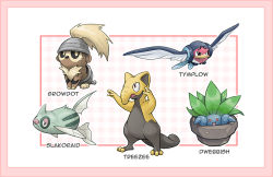 :d black_eyes border character_name closed_mouth commentary creatures_(company) drowzee dwebble framed frown fusion game_freak gen_1_pokemon gen_2_pokemon gen_3_pokemon gen_5_pokemon growlithe kazuko_(towa) looking_up nintendo no_humans oddish open_mouth outline pink_border pokemon pokemon_(creature) red_eyes remoraid seedot slakoth smile taillow treecko tympole