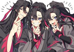 3boys ;d absurdres ahoge bentuudayo bishounen black_hair black_hanfu blush chinese_clothes fang grin hair_between_eyes hair_down hair_ribbon half_updo hand_on_another&#039;s_shoulder hand_on_own_face hand_up hanfu high_ponytail highres long_hair long_sleeves looking_at_viewer male_focus modao_zushi multiple_boys multiple_persona notice_lines official_alternate_hairstyle one_eye_closed open_mouth parted_bangs ponytail purple_eyes red_ribbon ribbon robe sidelocks simple_background skin_fang sleeves_past_wrists smile upper_body v very_long_hair w wei_wuxian wei_wuxian_(yiling_laozu) white_background wide_sleeves