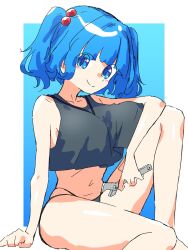 Rule 34 | 1girl, alternate costume, black panties, black tank top, blue background, blue eyes, blue hair, blunt bangs, blush, breasts, closed mouth, commentary request, crop top, feet out of frame, hair bobbles, hair ornament, highres, holding, holding wrench, kahayu4, kawashiro nitori, large breasts, looking at viewer, midriff, navel, panties, short hair, sitting, smile, solo, tank top, touhou, two side up, underwear, white background, wrench