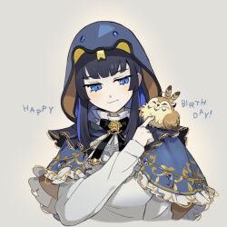 1girl black_hair blue_capelet blue_eyes blue_hair blunt_bangs capelet colored_inner_hair fang grey_background guoo happy_birthday hime_cut hololive hololive_english long_hair multicolored_hair nanashi_mumei nanashi_mumei_(owl) on_shoulder ouro_kronii ouro_kronii_(casual) ribbon scratching shirt skin_fang snake_hood virtual_youtuber white_shirt