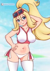 1girl arm_behind_head arm_up bikini blonde_hair blue_eyes blush breasts cloud collarbone creatures_(company) eyewear_on_head game_freak hand_on_own_hip korrina_(pokemon) large_breasts long_hair looking_at_viewer misune_art navel nintendo ocean pokemon pokemon_xy ponytail side-tie_bikini_bottom sky smile standing sunglasses sunglasses_on_head swimsuit thighhighs water white_bikini white_thighhighs