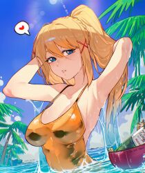 1girl armpits blonde_hair blue_eyes blush breasts cesar_art456 darkness_(konosuba) day highres kono_subarashii_sekai_ni_shukufuku_wo! large_breasts long_hair looking_at_viewer outdoors ponytail sidelocks solo teeth very_long_hair water wet