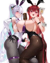 2girls absurdres ahoge alcohol animal_ears aqua_pupils arm_strap azur_lane between_breasts black_gloves black_horns black_leotard blush breast_press breasts card champagne champagne_bottle chochomi curled_horns demon_girl detached_collar elbow_gloves fake_animal_ears fake_tail fang fishnet_pantyhose fishnets gloves hair_between_eyes hand_on_own_hip highres hindenburg_(azur_lane) hindenburg_(delirious_duel)_(azur_lane) holding holding_card holding_hands horns huge_breasts kearsarge_(all_night_charge)_(azur_lane) kearsarge_(azur_lane) leotard long_hair looking_at_viewer multicolored_leotard multiple_girls official_alternate_costume open_mouth pantyhose pink_pupils playboy_bunny playing pointy_ears ponytail pouring pouring_onto_self purple_eyes purple_leotard rabbit_ears red_eyes red_hair skin_fang skindentation strapless strapless_leotard symmetrical_docking tail thigh_strap torn_clothes torn_pantyhose undersized_breast_cup white_background white_hair wrist_cuffs