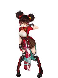 1girl 3d ;p absurdres artist_request belt black_belt black_boots boots breasts brown_hair brown_skirt china_dress chinese_clothes clothes_writing double_bun dress earrings finger_cots flower framed_breasts full_body gold_necklace hair_between_eyes hair_bun hair_flower hair_ornament highres hololive jewelry leaning_forward looking_at_viewer mechanical_hands mechanical_legs miniskirt multiple_belts necklace official_alternate_costume official_alternate_hairstyle official_art one_eye_closed pelvic_curtain pleated_skirt quilted_clothes red_dress roboco-san roboco-san_(oriental-style_battle) second-party_source short_sleeves simple_background skirt solo standing tassel tongue tongue_out virtual_youtuber white_background yellow_eyes