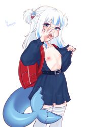 1girl absurdres aged_down arm_up bag beenya blue_eyes blue_hair breasts drooling fellatio_gesture female_focus fins fish_tail gawr_gura highres hololive hololive_english loli looking_at_viewer medium_hair multicolored_hair nipples nose open_clothes open_mouth opened_by_self pulling_own_clothes school_bag school_uniform shark_girl shark_tail simple_background skirt small_breasts solo tail thighhighs tongue tongue_out virtual_youtuber white_background white_hair