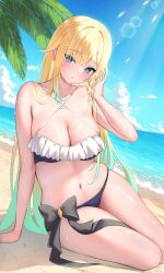 Rule 34 | 1girl, absurdres, aizawa ema, alternate costume, beach, bikini, blonde hair, blue eyes, blunt bangs, blush, breasts, cleavage, cloud, criss-cross halter, day, frilled bikini, frills, gradient hair, hair flaps, halterneck, hand up, hashtag-only commentary, highres, large breasts, lens flare, long hair, looking at viewer, multicolored hair, navel, outdoors, p-tomi, palm leaf, parted lips, sitting, solo, stomach, swimsuit, very long hair, virtual youtuber, vspo!, wet, yokozuwari