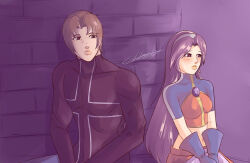1boy 1girl asamiya_athena black_shirt brown_hair charlyarts hair_ornament idol kusanagi_kyou psycho_soldier purple_hair shirt snk star_(symbol) star_hair_ornament the_king_of_fighters the_king_of_fighters_2002