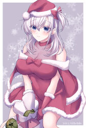 1girl blue_eyes blush breasts capelet christmas cowboy_shot dated dress fur_trim gloves grey_background grey_hair hair_between_eyes hat headband highres kabocha_torute kantai_collection large_breasts long_hair looking_at_viewer one_side_up pumpkin red_capelet red_dress red_gloves sack santa_costume santa_hat smile snowflakes solo suzutsuki_(kancolle) twitter_username white_background