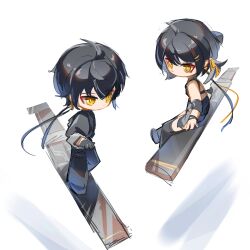 1boy 1girl bare_shoulders black_dress black_gloves black_hair black_jacket black_pants bright_pupils chinese_commentary commentary_request dress dual_persona elbow_pads female_rover_(wuthering_waves) gloves hair_ribbon highres huqu_(huqu45712) jacket looking_ahead male_rover_(wuthering_waves) pants ribbon riding rover_(wuthering_waves) scabbard sheath sheathed sword weapon white_pupils wuthering_waves yellow_eyes yellow_ribbon