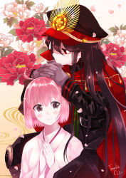 Rule 34 | 2girls, artist name, bad id, bad pixiv id, black hair, bow, commentary request, fate/grand order, fate (series), flower, hair bow, hat, highres, japanese clothes, kimono, long hair, looking away, multiple girls, oda nobunaga (fate), oda nobunaga (koha-ace), okita souji (fate), okita souji (koha-ace), own hands clasped, own hands together, peaked cap, pink hair, shaded face, short hair, signature, tanaka kii, very long hair