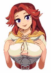 1girl animated animated_gif belt blue_eyes blush breasts hands_on_breasts large_breasts long_hair malon neckerchief nintendo open_mouth pixel_art red_hair smile solo the_legend_of_zelda the_legend_of_zelda:_ocarina_of_time triforce upper_body wagonsalezzz white_background