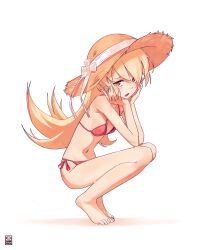 1girl absurdres bikini blonde_hair breasts feet full_body hands_on_own_chin hat highres knees kwms long_hair looking_at_viewer monogatari_(series) navel open_mouth oshino_shinobu red_bikini side-tie_bikini_bottom skinny small_breasts solo squatting sun_hat swimsuit tiptoes toes yellow_eyes