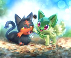 black_fur cat colored_sclera gen_7_pokemon green_fur highres litten looking_at_another nintendo no_humans open_mouth outdoors pokemon pokemon_(creature) red_eyes red_fur sprigatito tail teeth tropicalcyclone two-tone_fur upper_teeth_only yellow_sclera