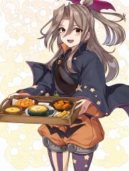 1girl blush bowl brown_eyes brown_hair commentary_request commission fangs food hair_between_eyes halloween_costume highres holding holding_tray japanese_clothes jewelry kanmiya_shinobu kantai_collection long_hair long_sleeves looking_at_viewer muneate open_mouth plate ponytail pumpkin_shorts ring simple_background skeb_commission solo soup star_(symbol) star_print tray wedding_ring wide_sleeves zuihou_(halloween)_(kancolle) zuihou_(halloween_mode)_(kancolle) zuihou_(kancolle)