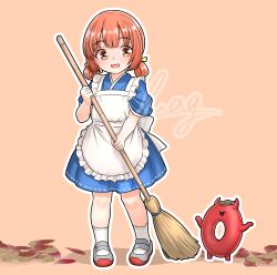 1girl absurdres apron blue_dress broom brown_eyes commentary_request dress enemy_lifebuoy_(kancolle) furaggu_(frag_0416) highres kaiboukan_no._4_(kancolle) kantai_collection leaf looking_at_viewer low_twintails mary_janes open_mouth orange_background red_hair shoes short_hair short_sleeves simple_background smile sweeping twintails watermark