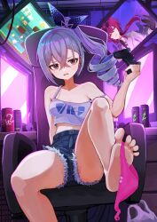 2girls absurdres alternate_costume bag bare_legs bare_shoulders barefoot black_gloves blue_shorts bow breasts brown_eyes cleavage commentary_request controller denim denim_shorts drill_hair energy_drink excella_(delltothu) feet game_controller gamepad gloves grey_hair highres holding honkai:_star_rail honkai_(series) indoors kafka_(honkai:_star_rail) looking_at_viewer medium_hair monitor multiple_girls panties panties_around_toe pink_panties red_eyes red_hair shopping_bag shorts silver_wolf_(honkai:_star_rail) soles solo_focus spread_toes thighs toes underwear