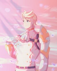 1boy ascot belt blonde_hair blue_eyes bunet_(fire_emblem) closed_mouth fire_emblem fire_emblem_engage highres looking_to_the_side male_focus nintendo orange_shirt shirt solo soypearl982