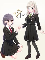 2girls 4th_live_dream_~bloom_the_dream_believers~ black_jacket black_pantyhose black_shoes black_skirt black_sweater_vest blazer blue_eyes breasts brown_shoes ceras_yanagida_lilienfeld closed_mouth collared_shirt commentary_request dress_shirt edel_note emblem flower_stand_art full_body green_necktie grey_hair hair_ornament hair_ribbon highres jacket katsuragi_izumi large_breasts link!_like!_love_live! loafers logo long_hair love_live! mary_janes medium_hair medium_skirt mizukawa_school_uniform multiple_girls necktie on_one_knee orange_eyes pantyhose pink_ribbon pleated_skirt red_necktie ribbon school_emblem school_uniform shirt shoes skirt smile split_mouth standing sweater_vest triangle_hair_ornament white_shirt wolf_cut yoon_(yoon_lovelive)