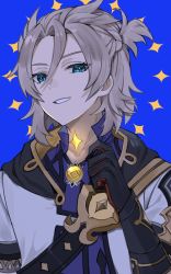 Rule 34 | 1boy, albedo (genshin impact), blue background, blue eyes, blue shirt, coat, genshin impact, gloves, glowing, glowing scar, grey hair, gyoju (only arme nim), hair between eyes, highres, korean commentary, looking at viewer, male focus, parted lips, scar, scar on neck, shirt, short sleeves, simple background, solo, vision (genshin impact), white coat