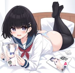 1boy @_@ ass black_hair black_thighhighs blue_sailor_collar blush commentary_request crossdressing crossed_ankles crumpled_paper embarrassed feet_up hair_ornament hairclip highres holding kisaragi_yura_(zeatto) long_sleeves looking_at_viewer lying male_focus manga_(object) neckerchief no_pants no_shoes on_bed on_stomach open_mouth original panties pillow purple_eyes red_neckerchief sailor_collar school_uniform shirt short_hair solo striped_clothes striped_panties the_pose thighhighs thong trap underwear white_shirt zeatto