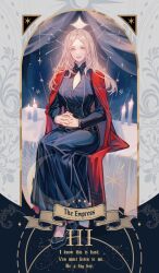Rule 34 | 1girl, black dress, black shoes, blonde hair, breasts, candle, cape, clothing cutout, crescent, curtains, devil may cry (series), dress, english text, eva (devil may cry), fingernails, gold ring, highres, jewelry, lolvivianli, long hair, long sleeves, looking at viewer, mandarin collar, medium breasts, moon phases, own hands together, red cape, shoes, sidelocks, sitting, smile, solo, sparkle, star (symbol), table, teeth, yellow eyes