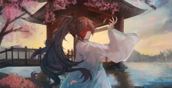 1girl absurdres alternate_hairstyle architecture arm_up blindfold breasts bridge cherry_blossoms closed_mouth commentary commission cosplay east_asian_architecture english_commentary evening falling_leaves from_side haori highres himemiya_rie hong_lu_(project_moon) hong_lu_(project_moon)_(cosplay) japanese_clothes kimono lake leaf limbus_company long_hair long_sleeves medium_breasts mole mole_under_eye multicolored_hair naokomama outdoors phase_connect pink_hair ponytail project_moon purple_hair red_blindfold see-through_clothes sky solo streaked_hair tree upper_body virtual_youtuber white_haori white_kimono wide_sleeves