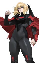 1girl absurdres black_bodysuit blonde_hair blue_eyes bodysuit cape clenched_hand dc_comics glaring highres looking_at_viewer my_adventures_with_superman partially_shaded_face red_cape short_hair simple_background solo supergirl superman_(series) taiyang_yu