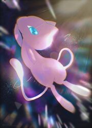 animal_focus arm_at_side arm_up blurry covering_own_mouth floating from_behind full_body gen_1_pokemon hand_to_own_mouth highres legendary_pokemon light_rays looking_at_viewer looking_back mew_(pokemon) mythical_pokemon nintendo no_humans pokemon pokemon_(creature) rize_(r) solo