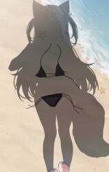 1girl animal_ears beach bikini black_bikini dog_ears dog_girl dog_tail fuwawa_abyssgard highres hololive hololive_english implied_nudity long_hair miyuchiq ocean outdoors sand sandals shadow solo starfish swimsuit tail toes two_side_up virtual_youtuber water