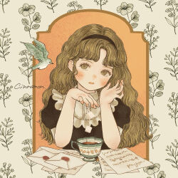 1girl bird black_tea brown_eyes brown_hair cinnamon_(katsura) cup envelope faux_retro_artstyle floral_background floral_print headband letter long_hair original retro_artstyle sugar_cube swallow_(bird) tea wax_seal