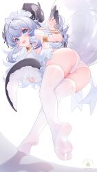 1girl absurdres bell blue_eyes dragon_horns dragon_tail feet highres horns maid_day neck_bell no_shoes original panties pointy_ears soles solo spread_toes suaynnai_wanzi tail thighhighs toes underwear white_background white_panties white_thighhighs