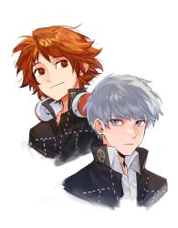2boys black_jacket brown_eyes brown_hair closed_mouth collared_shirt cropped_torso grey_eyes grey_hair hanamura_yousuke headphones headphones_around_neck highres jacket male_focus multiple_boys narukami_yu open_clothes open_jacket persona persona_4 portrait rrrrrrrrrrrou1 school_uniform shirt short_hair upper_body white_background white_shirt yasogami_school_uniform